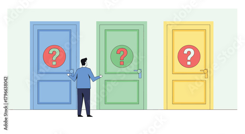 Confused man facing three doors with question marks, a modern concept about choice, decision making, career paths and uncertainty in life