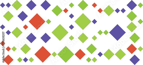 A pattern of red, purple, and green diamonds of various sizes on a white background