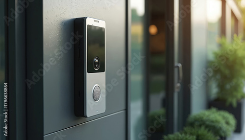 Modern video mounted on exterior wall. Device offers audio communication and security camera for building entry. Smart home tech for residential safety.