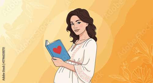 Expectant mother reading a book with a heart on the cover, dreaming of her baby's future with love and hope on a sunny day