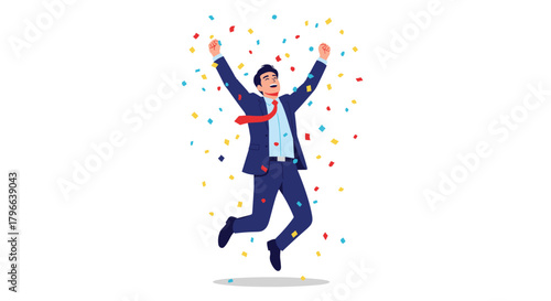 Overjoyed businessman celebrating success jumping with confetti rain, perfect for illustrating achievement and corporate wins in modern style