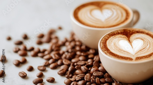close up of coffee cups with heart shaped latte art, scattered roasted coffee beans around, warm soft lighting, bright minimalistic background, light