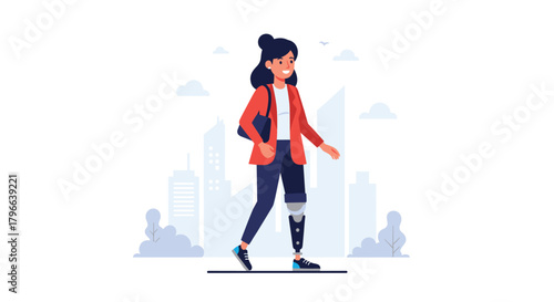 Smiling confident woman with prosthetic leg walking in city, embodying inclusivity and diversity in modern professional life for empowerment campaigns