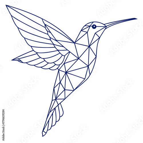 Geometric line drawing of a hummingbird in flight, composed of dark blue angular polygons and clean lines.