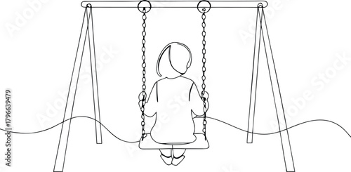 Child on swing set drawn in continuous line style playground