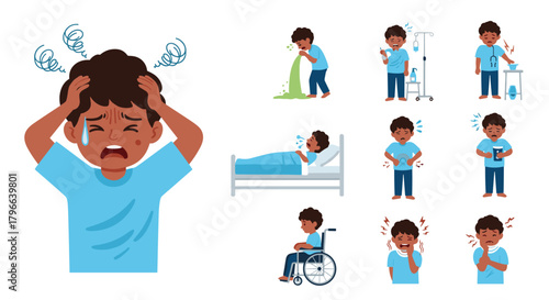 Child experiencing various physical and emotional distress symptoms depicted through illustrations.
