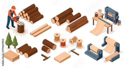 Woodworking process illustration showing logging, lumber, and paper production for sustainable industry projects and manufacturing concepts
