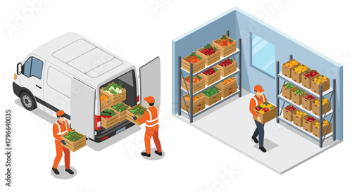 Food distribution showing workers loading fresh produce into a delivery van from a warehouse, promoting logistics and healthy eating habits