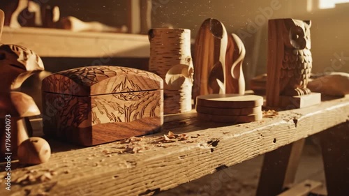 Woodcrafted Carved bird mushrooms box owl and other wooden objects sit on a workbench in a woodshop illuminated by warm light
