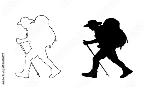 Hiker or Trekker Silhouette and Outline Set, Man Backpacking with Trekking Poles and Heavy Gear, Outdoor Adventure and Exploration Vector