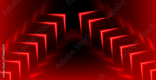 Abstract red neon arrow light glow background. Futuristic cyber laser line motion banner for casino. Dynamic techno perspective beam 3d graphic design. Cool party power