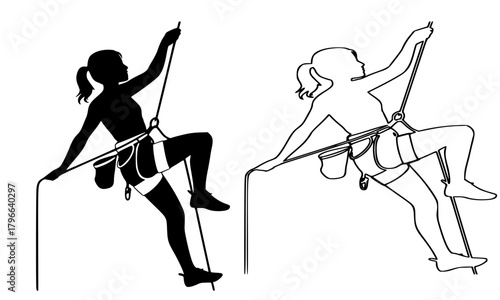 Female Rock Climber Silhouette and Line Art Icon Set, Woman Ascending with Rope and Harness, Adventure Sport and Extreme Activity Vector