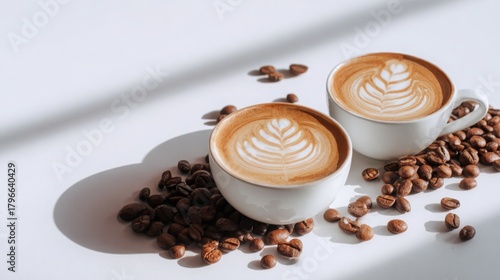coffee cups with latte art surrounded by roasted coffee beans, bright clean background, soft natural lighting, minimalistic and light style