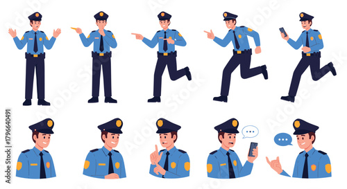 A diverse collection of animated police officers in various active poses and gestures for illustrating law enforcement scenarios and public safety communication.