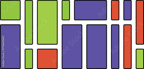 Abstract geometric pattern of colorful rectangles and squares in purple, green, and red arranged in a visually appealing composition