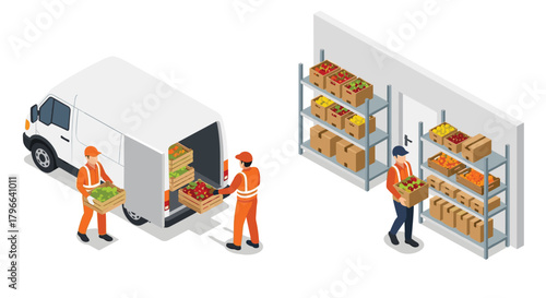 Efficient food distribution with workers loading fresh produce from van to storage, perfect for showcasing logistics and supply chain solutions
