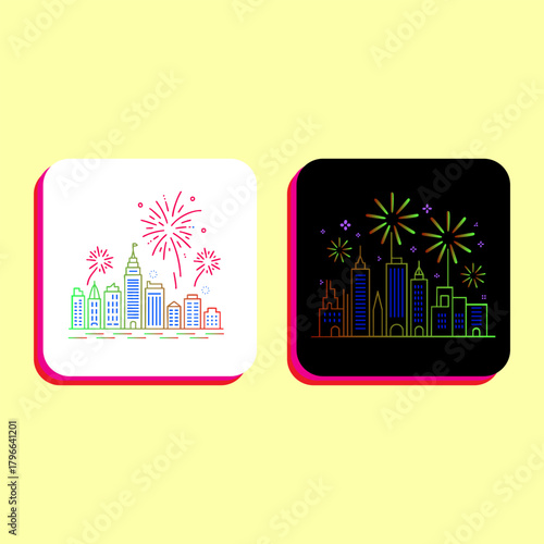 Vibrant Cityscape Night Skyline with Fireworks