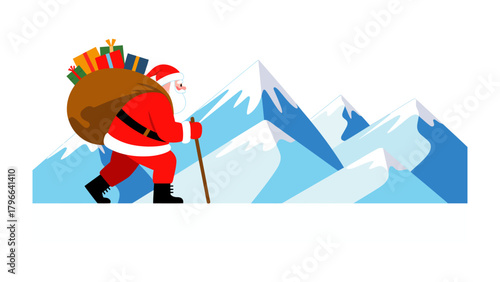 Santa's Snowy Journey: A cartoon Santa Claus, shouldering a sack of holiday gifts, navigates a snow-covered mountain landscape, embarking on his festive delivery route.