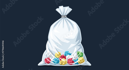 A clear plastic bag filled with colorful candies is tied at the top and sits on a dark background.