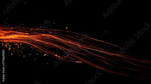 long streaks of fire in super slow motion, isolated on black, flowing orange and red flames, sparks scattering, minimalistic and dramatic style