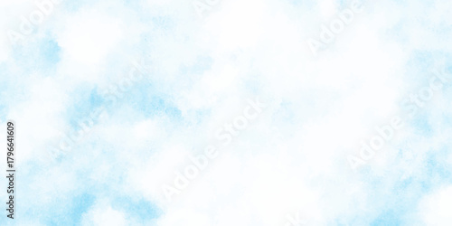 Refreshing sky blue watercolor texture with smooth  clouds or fog,  dreamy blue sky with watercolor white stains patterns for artistic design projects.
