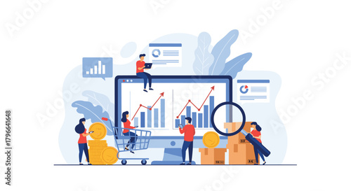 Team analyzes business growth charts with shopping cart and magnifying glass for e-commerce success, offering insights and strategic data review
