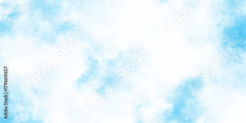 Refreshing sky blue watercolor texture with smooth  clouds or fog,  dreamy blue sky with watercolor white stains patterns for artistic design projects.
