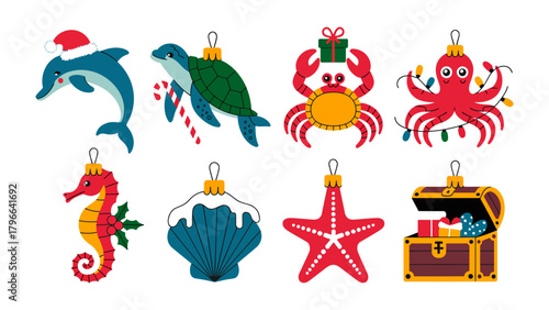 Underwater Holiday: A festive collection of marine life ornaments. Decorated for the holiday, this underwater scene brings a touch of seasonal joy. 