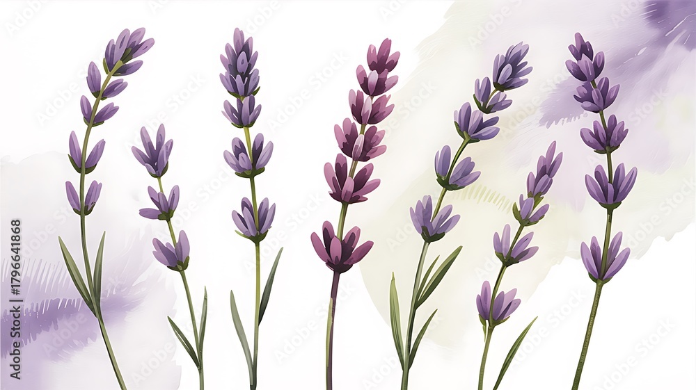 Naklejka premium Watercolor Lavender Stems with Soft Purple Hues flower