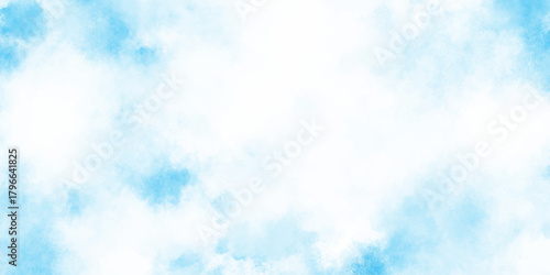Refreshing sky blue watercolor texture with smooth  clouds or fog,  dreamy blue sky with watercolor white stains patterns for artistic design projects.
