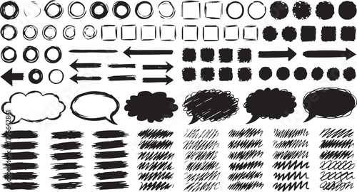 Vector set of hand drawn sketchy doodle design elements, brush strokes, arrows, and speech bubbles.