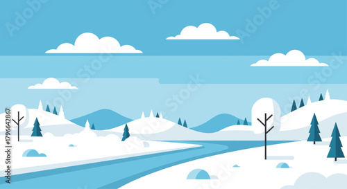 Serene winter wonderland with snow-covered hills, trees, and a winding river under a cloudy sky evokes peaceful holiday vibes