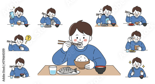 A boy enjoying various eating experiences and food with his cat nearby.