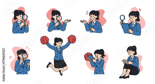 A collection of eight illustrations depicting a woman engaged in various professional activities and expressions using magnifying glasses and pom-poms.
