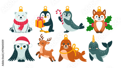 Festive Holiday Ornaments: A charming collection of eight delightful animal ornaments, perfect for decorating trees.