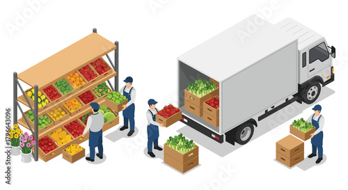 Fresh produce delivery to your door with vibrant fruits and vegetables being loaded onto a truck for fast local shipment and distribution