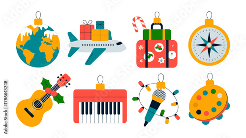 Festive Ornament Collection: A collection of meticulously crafted Christmas ornaments, each one a delightful symbol of travel, music, and holiday cheer.