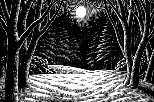 moonlight reflects on frozen snow and dark branches, illuminating the silent forest with a soft bluish glow under a clear winter sky