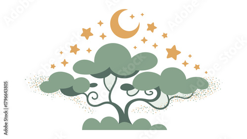 Whimsical Night Tree Illustration: A whimsical illustration depicts a stylized tree adorned with fluffy, cloud-like foliage, beneath a crescent moon and twinkling stars. A dreamy.