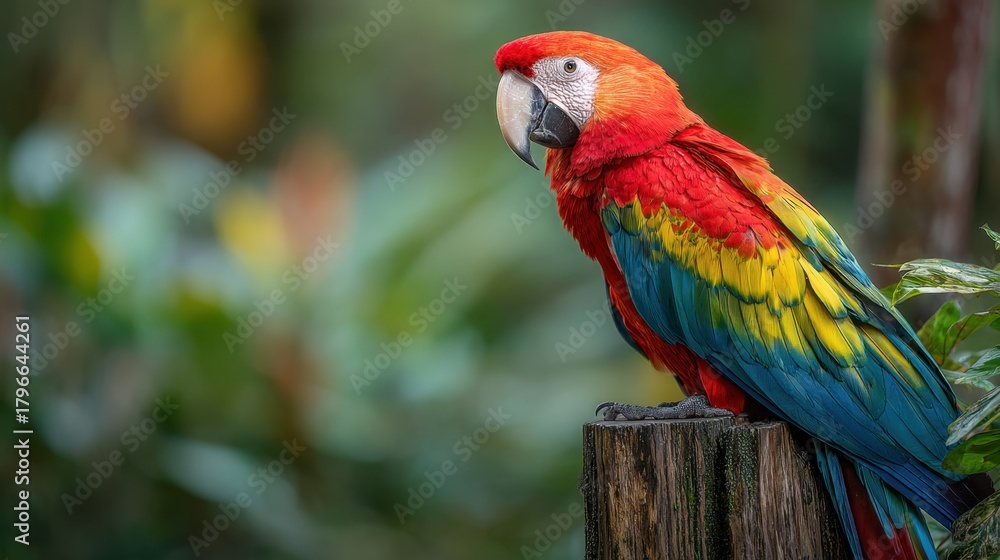 Obraz premium Scarlet Macaw Perched: A vibrant scarlet macaw with its striking red, blue, and yellow plumage perches regally, set against a blurred background of lush greenery.