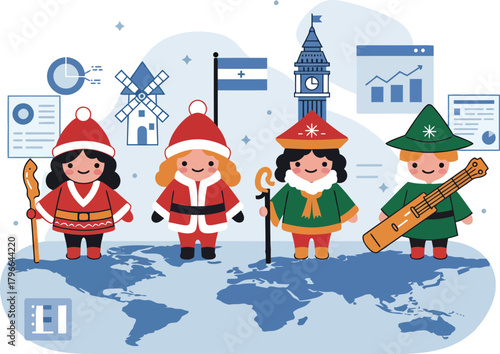 Four adorable festive characters representing global Christmas traditions stand atop a world map, surrounded by icons like Big Ben, windmills, flags, and business charts.