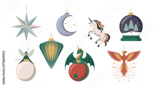 Whimsical Christmas Ornaments: A charming array of festive ornaments each with a unique celestial or mythological theme, adding a touch of magic and wonder to the holiday spirit.