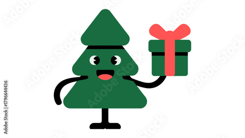 Festive Animated Tree with Gift: A cheerful cartoon tree presents a neatly wrapped gift, radiating holiday spirit and seasonal joy.