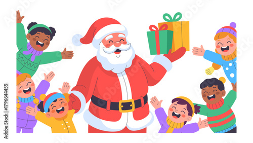 Christmas cheer: jolly figure surrounded by gleeful children exchanging gift of joy for everyone.