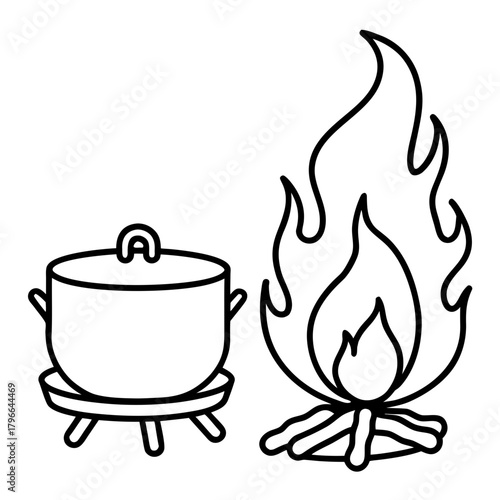 Campfire cooking pot on a tripod with flames