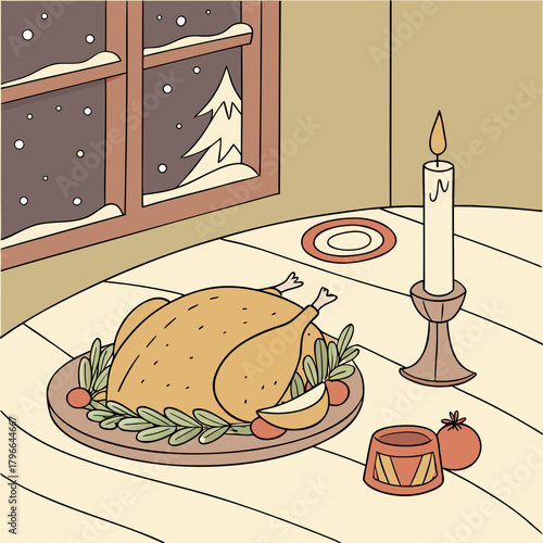 Cozy winter dinner scene with roasted turkey and candlelight