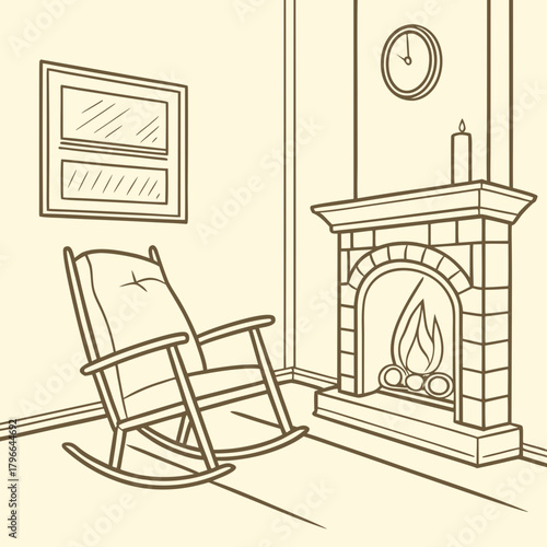 Cozy living room scene with rocking chair and fireplace