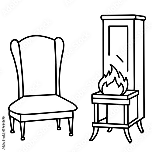 Cozy wingback chair next to a fireplace with flames