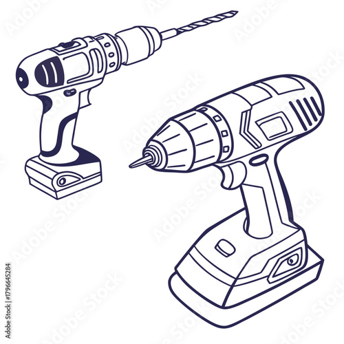 Two handheld power drills with drill bits