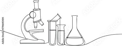 Microscope and laboratory flasks in continuous line drawing